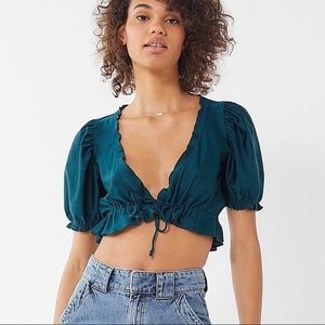 Out From Under | Teal Satin Tie Front Crop Top